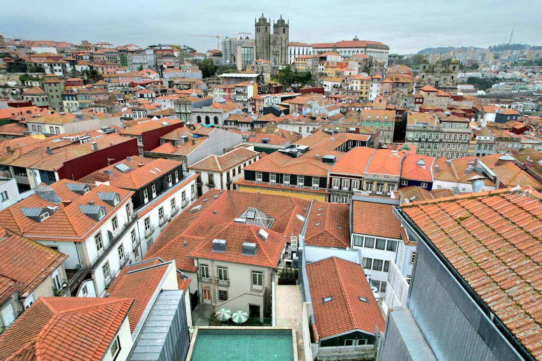 Aerial view of residential rooftops in a Portuguese city