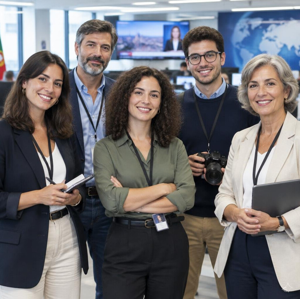Group of diverse journalists standing together in a newsroom