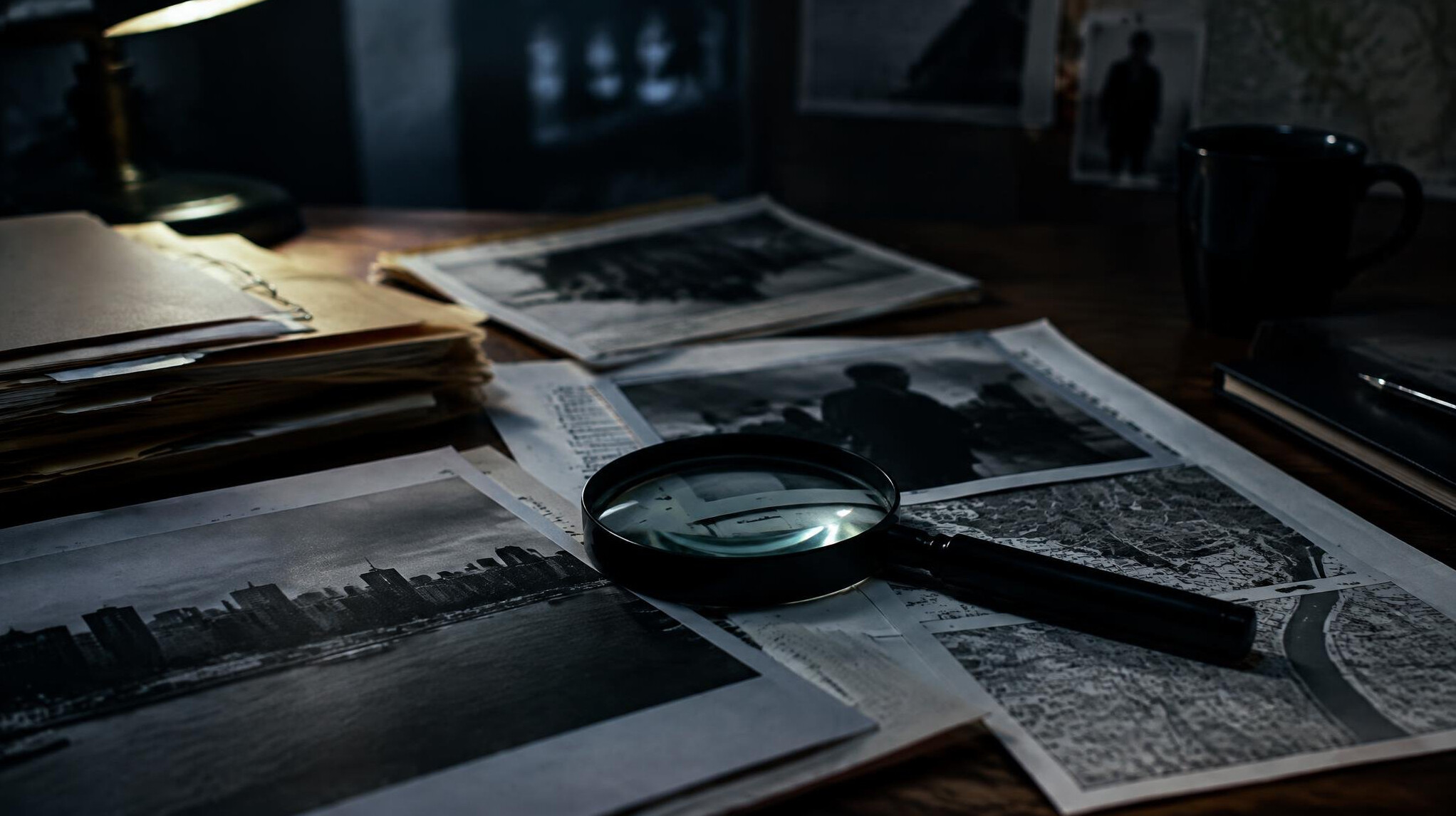 Documents and files spread on a desk during an investigation